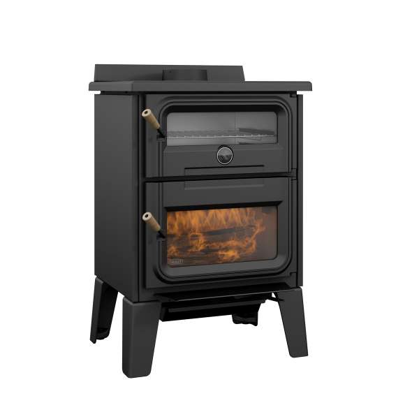 Right Side View Of Drolet Bistro Wood Burning Cookstove With Flame On A White Background