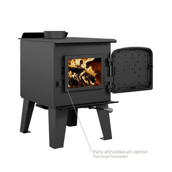    Right Side View Of Drolet Fox Wood Stove With Flame On A White Background