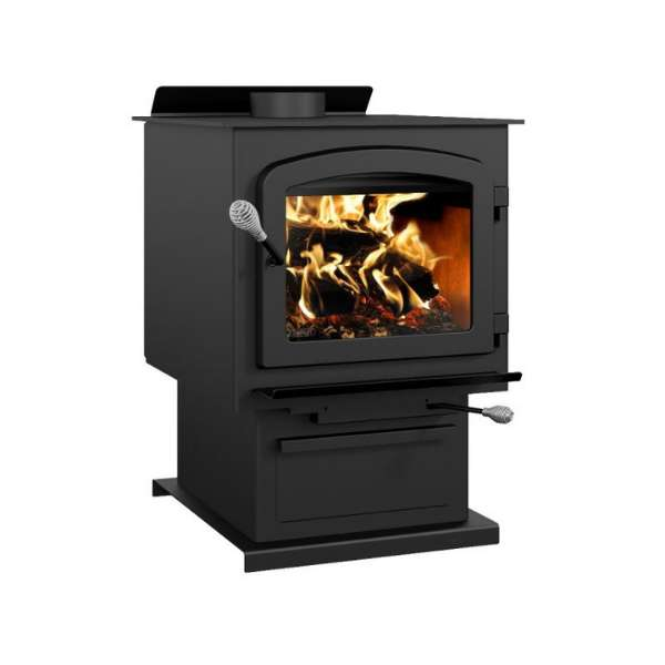 Right Side View Of Drolet Myriad III Wood Stove With Blower And Flame On A White Background