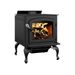 Right Side View Of Legend III Wood Stove With Blower And Flame On A White Background