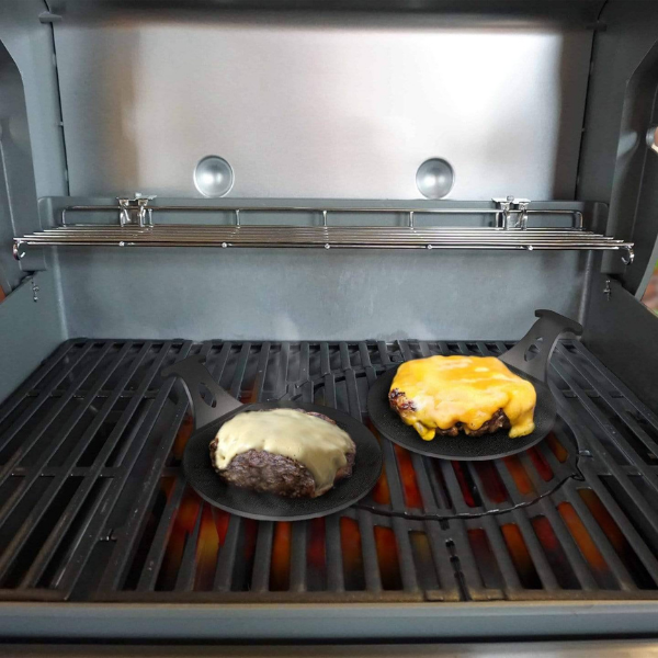 Set Of 2 Arteflame Burger Pucks With Burger Patties On A Grill