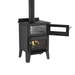 Side View Of Drolet Bistro Wood Burning Cookstove With Flame And Open Stove Cooker On A White Background