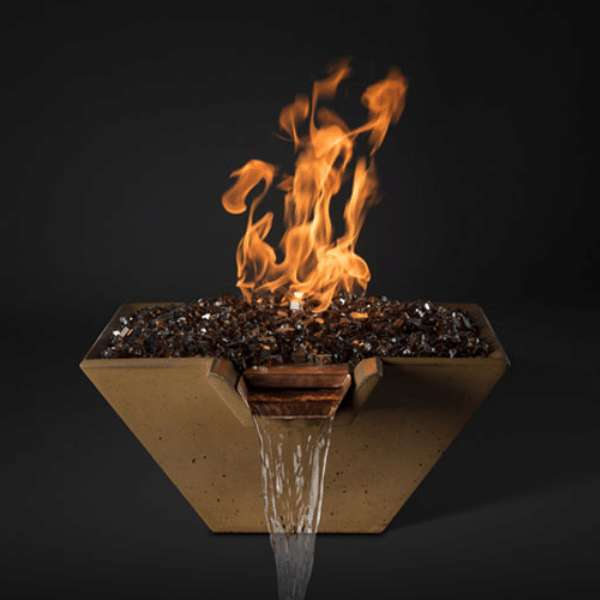     Slick Rock Concrete Cascade Square Fire And Water Bowl With Flame On And A Water Flowing On A Black Background