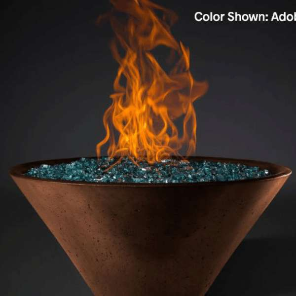 Slick Rock Concrete Ridgeline Conical Fire Bowl In Adobe With Electronic Ignition And Flame On A Black Background