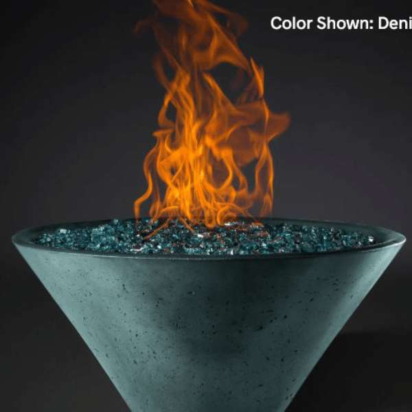 Slick Rock Concrete Ridgeline Conical Fire Bowl In Denim With Electronic Ignition And Flame On A Black Background