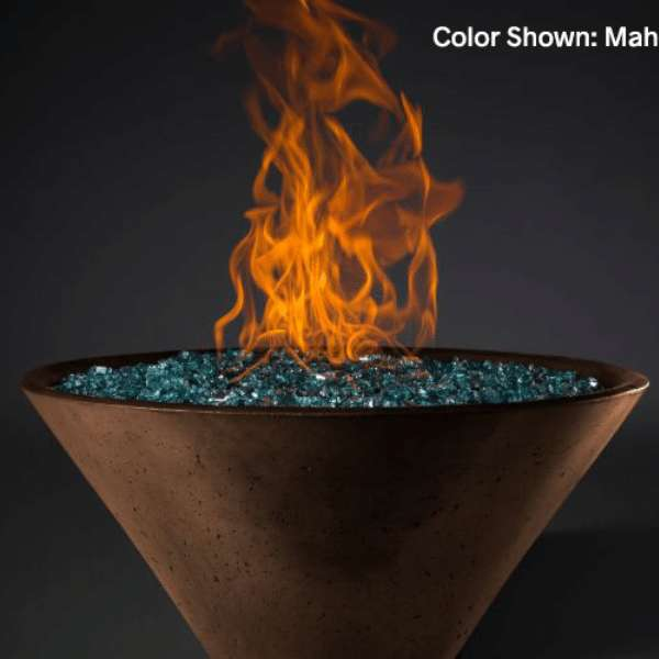 Slick Rock Concrete Ridgeline Conical Fire Bowl In Mahogany With Electronic Ignition And Flame On A Black Background