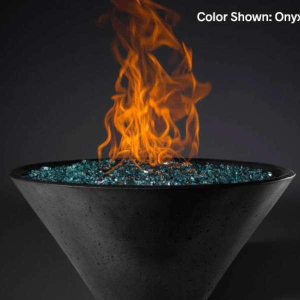 Slick Rock Concrete Ridgeline Conical Fire Bowl In Onyx With Electronic Ignition And Flame On A Black Background