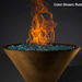 Slick Rock Concrete Ridgeline Conical Fire Bowl In Rust Buff With Electronic Ignition And Flame On A Black Background