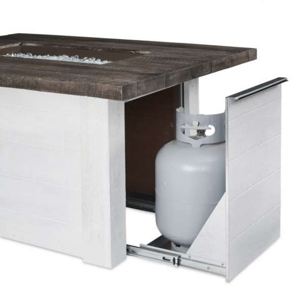 The Outdoor GreatRoom Alcott Rectangular Gas Fire Pit Table ALC-1224 White Background Roll Out Propane Tank Enclosure
