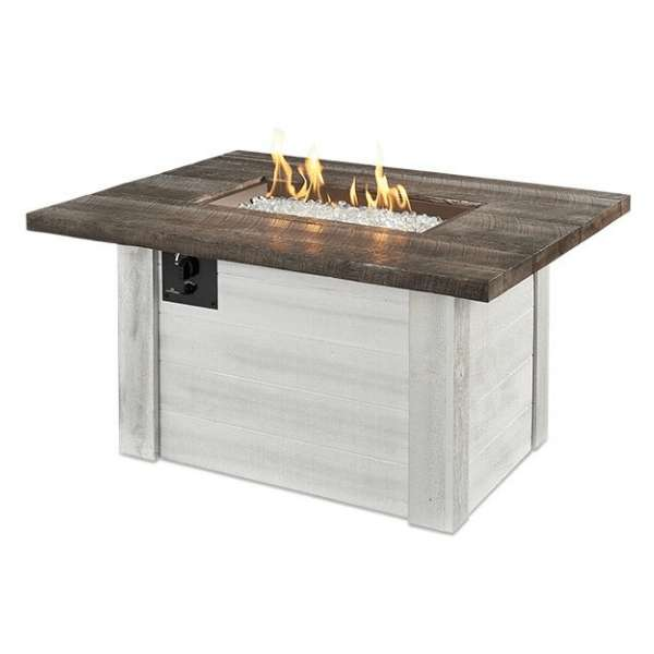 The Outdoor GreatRoom Alcott Rectangular Gas Fire Pit Table ALC-1224 White Background With Flame