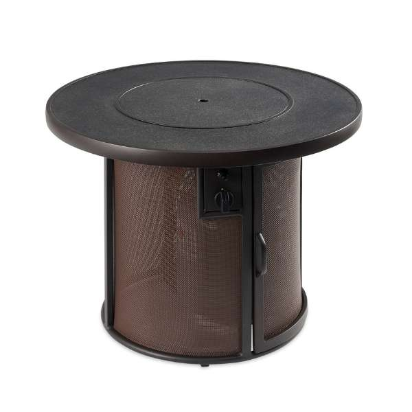 The Outdoor Greatroom Brown Stonefire Round Gas Fire Pit Table With Burner Cover On A White Background