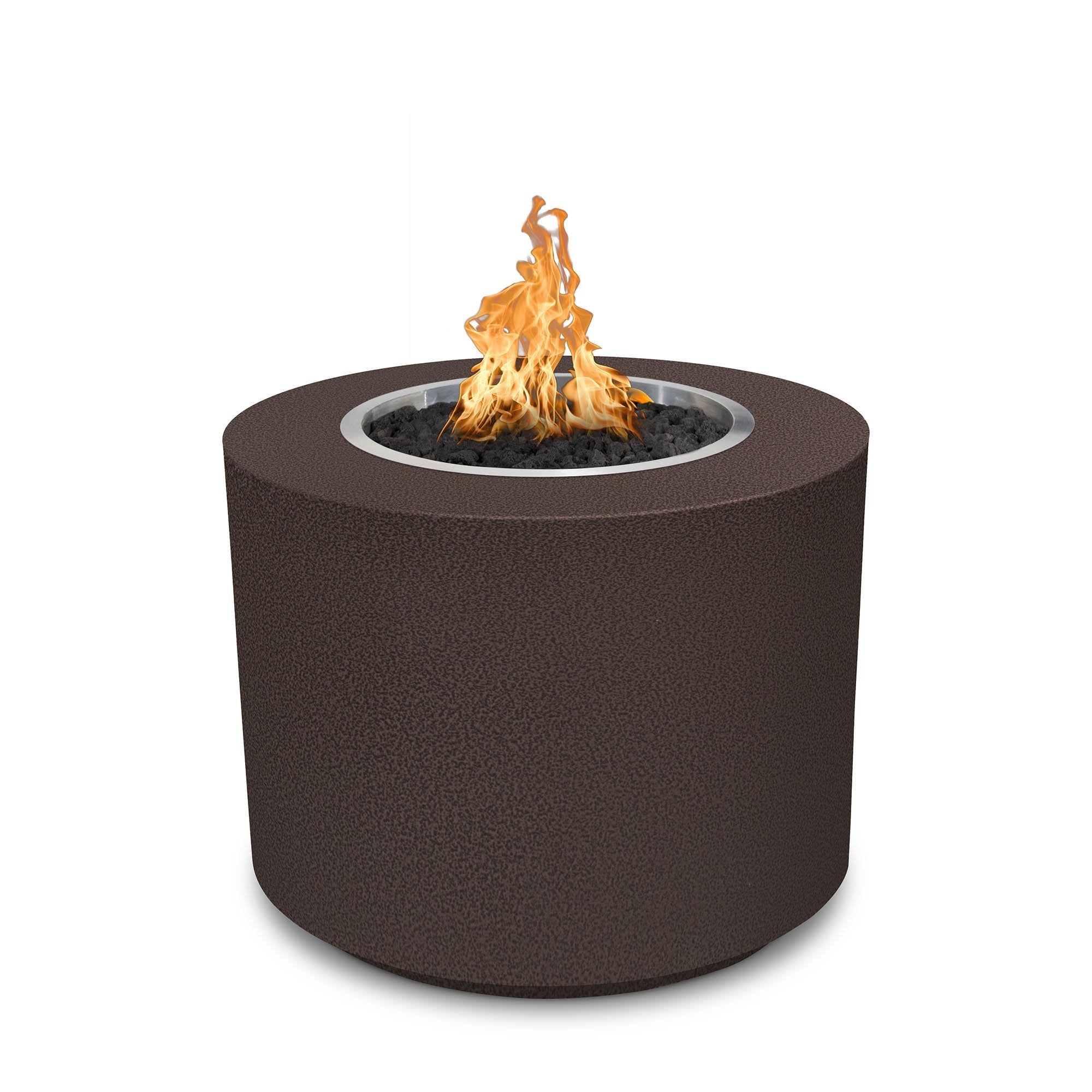 The Outdoor Plus Beverly Fire Pit in Copper Vein with Flame on White Background
