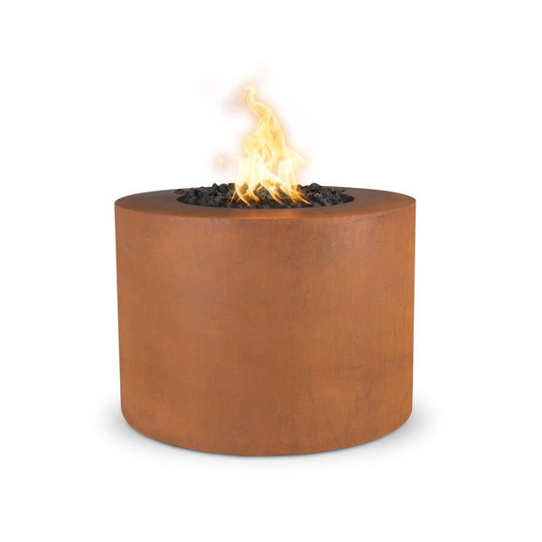 The Outdoor Plus Beverly Fire Pit in Corten Steel with Flame on White Background