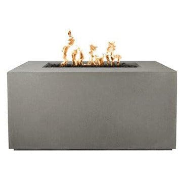 The Outdoor Plus Pismo Concrete Gas Fire Pit in natural gray with flame on white background