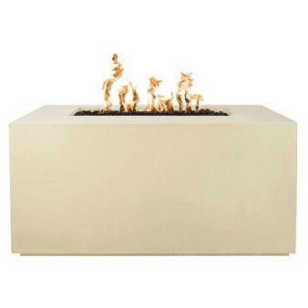 The Outdoor Plus Pismo Concrete Gas Fire Pit in Vanilla Color with flame on white background