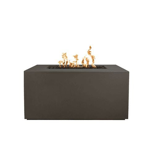 The Outdoor Plus Pismo Concrete Gas Fire Pit in chocolate color with flame on white background