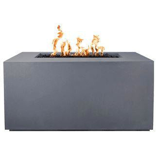 The Outdoor Plus Pismo Concrete Gas Fire Pit in color gray with flame on white background