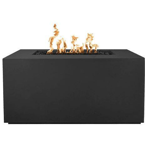 The Outdoor Plus Pismo Concrete Gas Fire Pit in color black with flame on white background