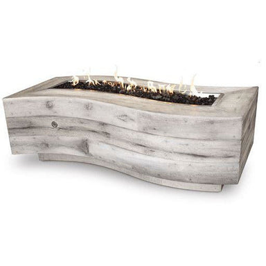 The Outdoor Plus Big Sur Wood Grain Concrete Fire Pit with flame on white background