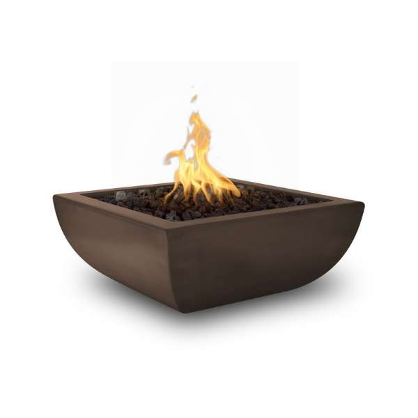     The Outdoor Plus Avalon Concrete Fire Bowl In Chocolate Color With Flame