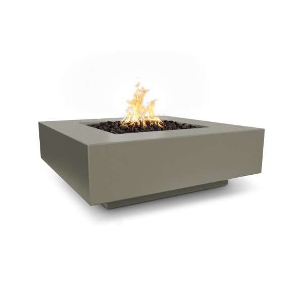 The Outdoor Plus Cabo Square Fire Pit In Pewter With Flame On A White Background