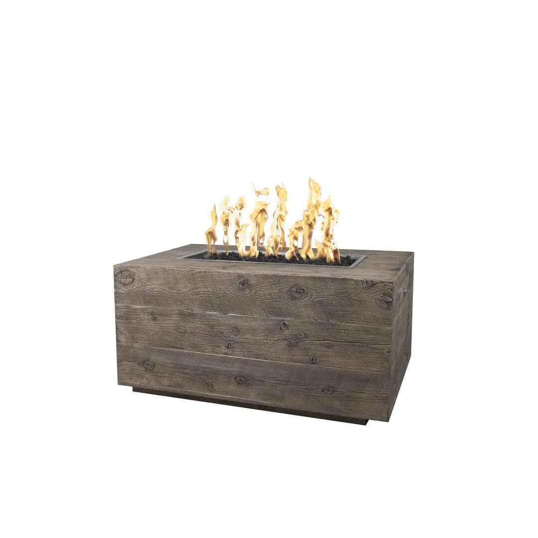 The Outdoor Plus Catalina Wood Grain Fire Pit with flame on a white background