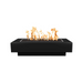 The Outdoor Plus Coronado Metal Fire Pit In Black Powder Coat With Flame On A White Background