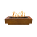 The Outdoor Plus Coronado Metal Fire Pit In Corten Steel Powder Coat With Flame On A White Background