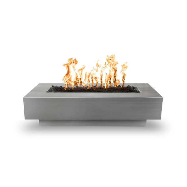     The Outdoor Plus Coronado Metal Fire Pit In Stainless Steel With Flame On A White Background