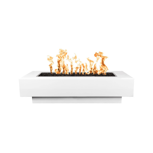 The Outdoor Plus Coronado Metal Fire Pit In White Powder Coat With Flame On A White Background