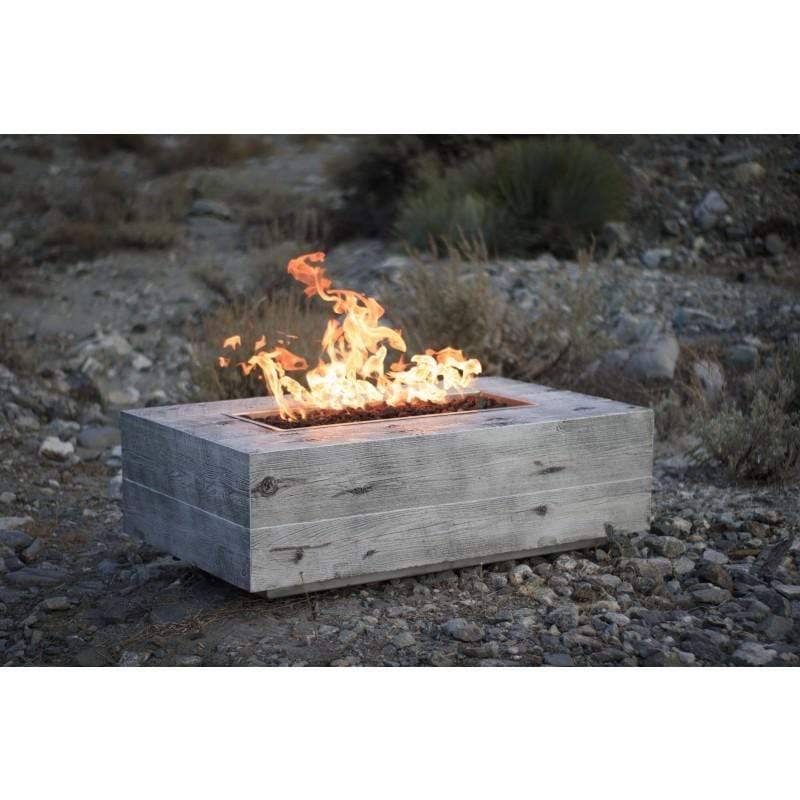 The Outdoor Plus Coronado Wood Grain Fire Pit with flame