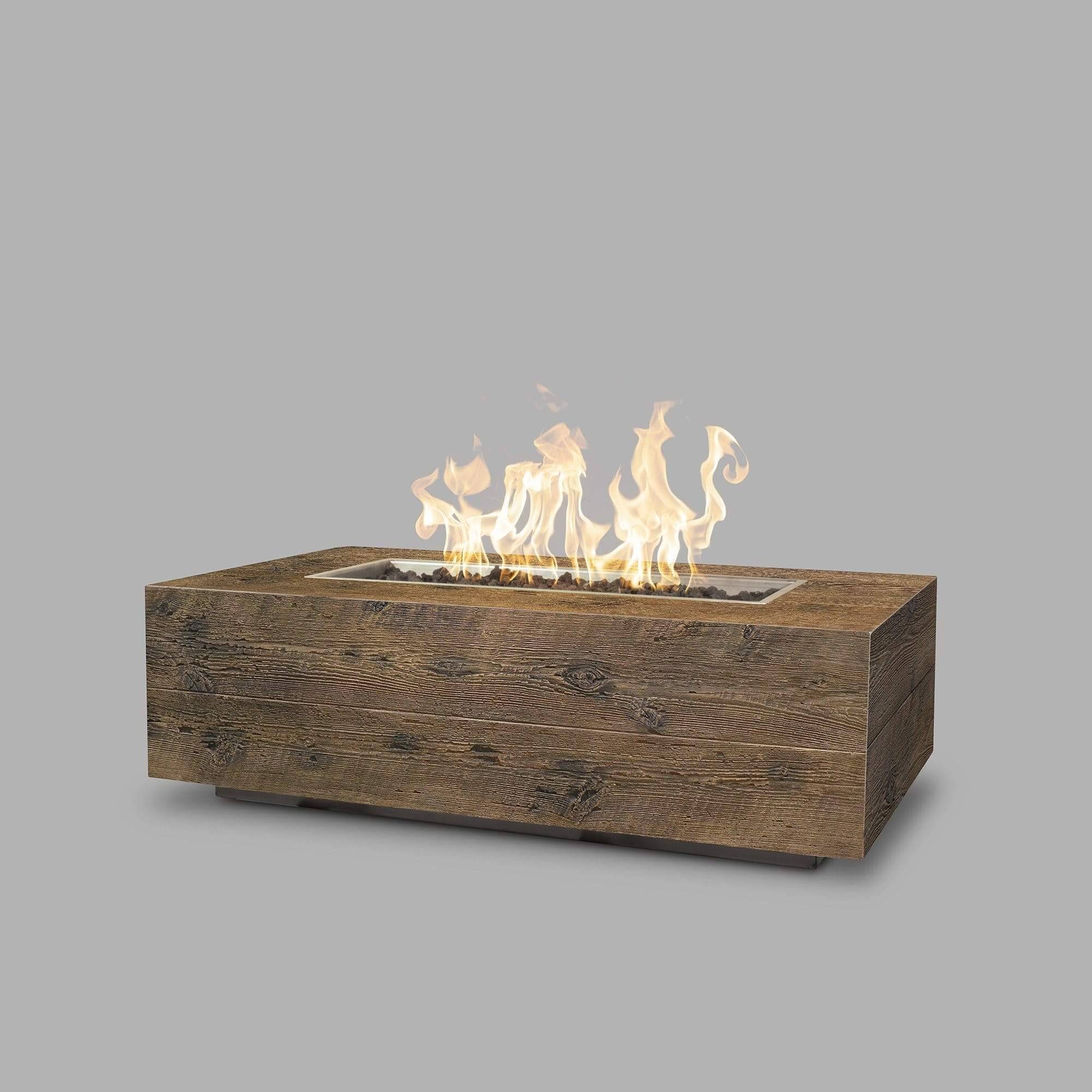 The Outdoor Plus Coronado Wood Grain Fire Pit in Oak with flame on white background