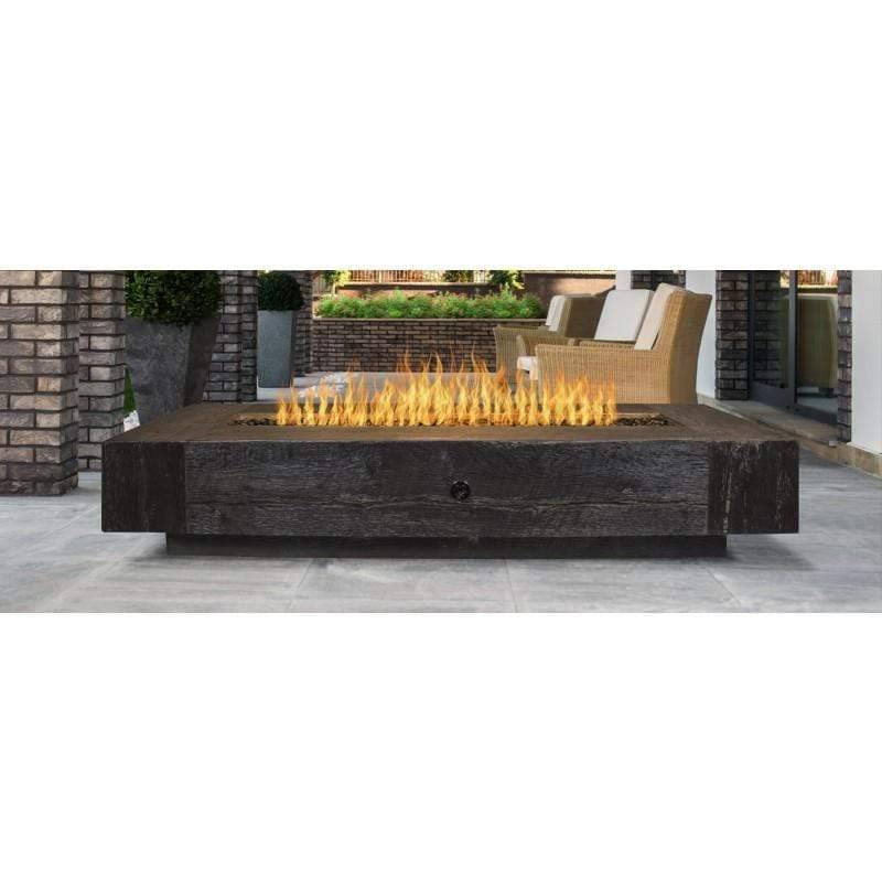 The Outdoor Plus Coronado Wood Grain Fire Pit with flame