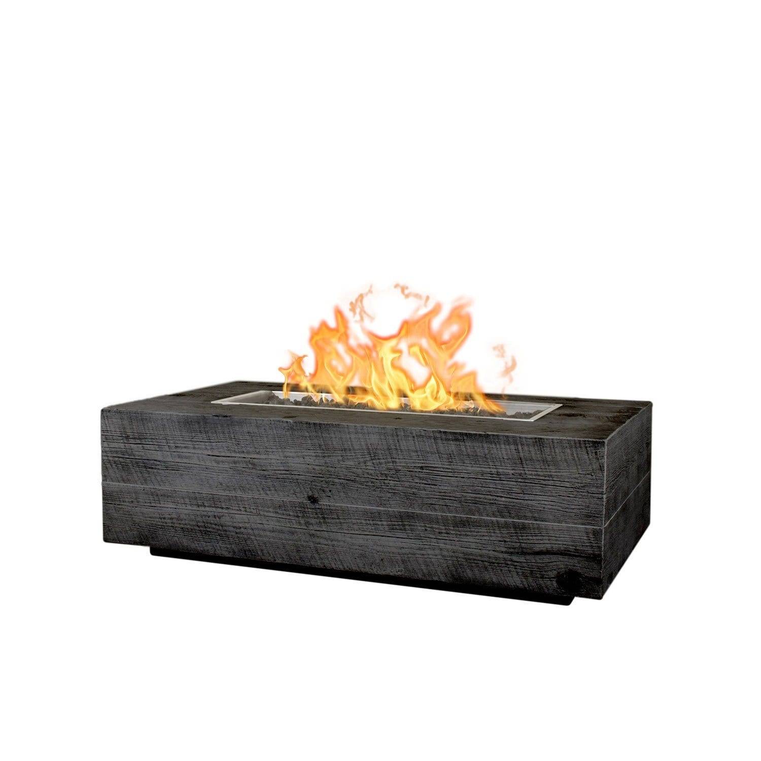 The Outdoor Plus Coronado Wood Grain Fire Pit in Ebony with flame on white background