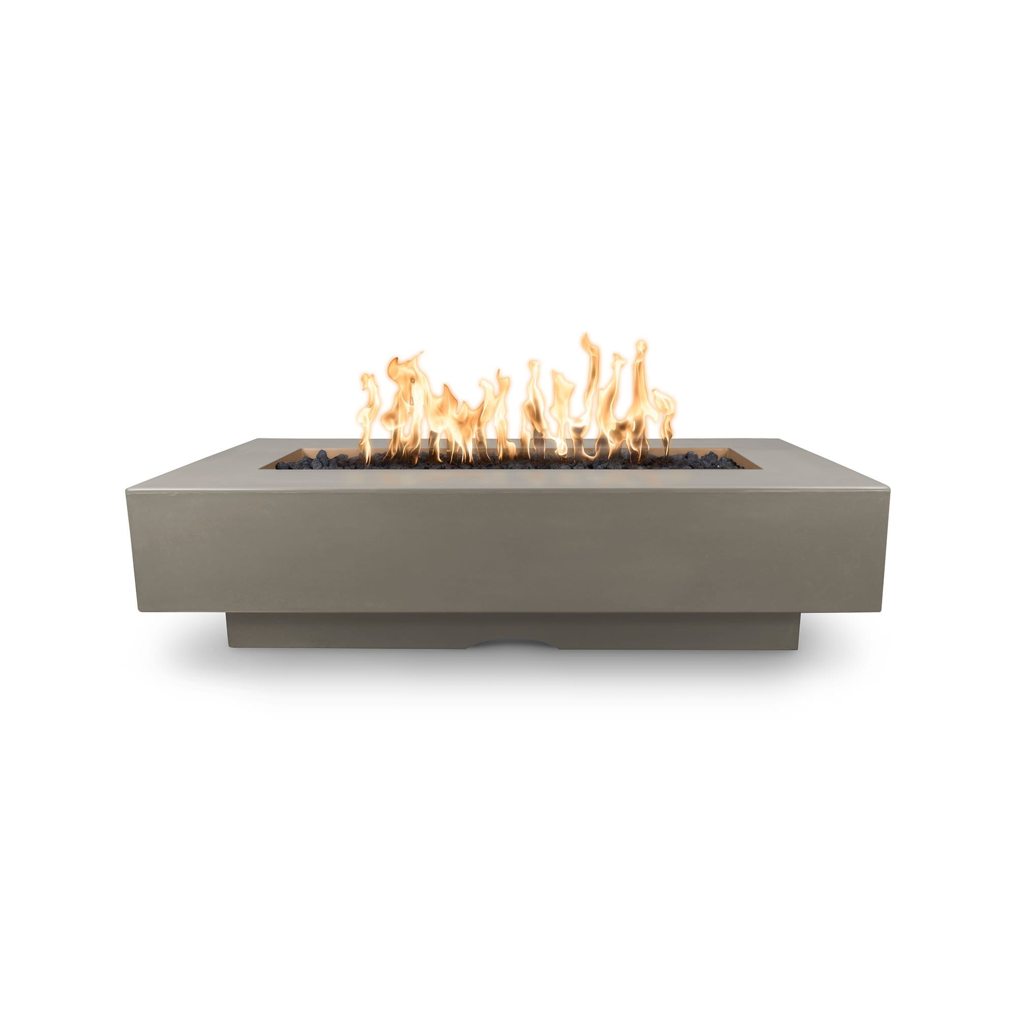 The Outdoor Plus Del Mar Concrete Fire Pit in color ash with flame on a white background