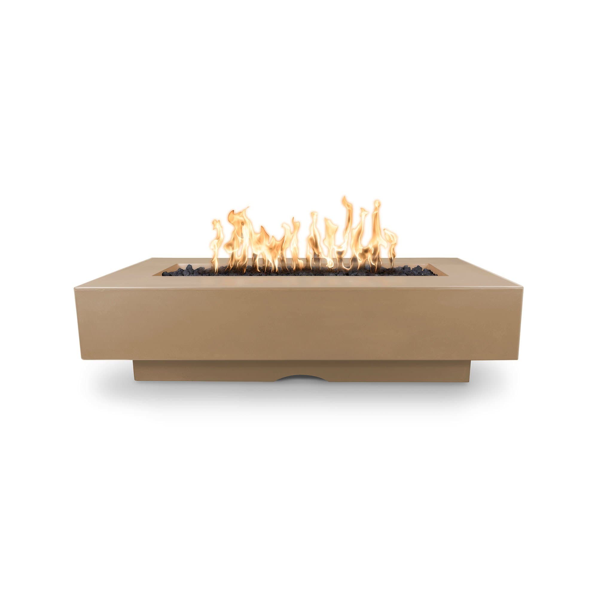 The Outdoor Plus Del Mar Concrete Fire Pit in color brown with flame on a white background