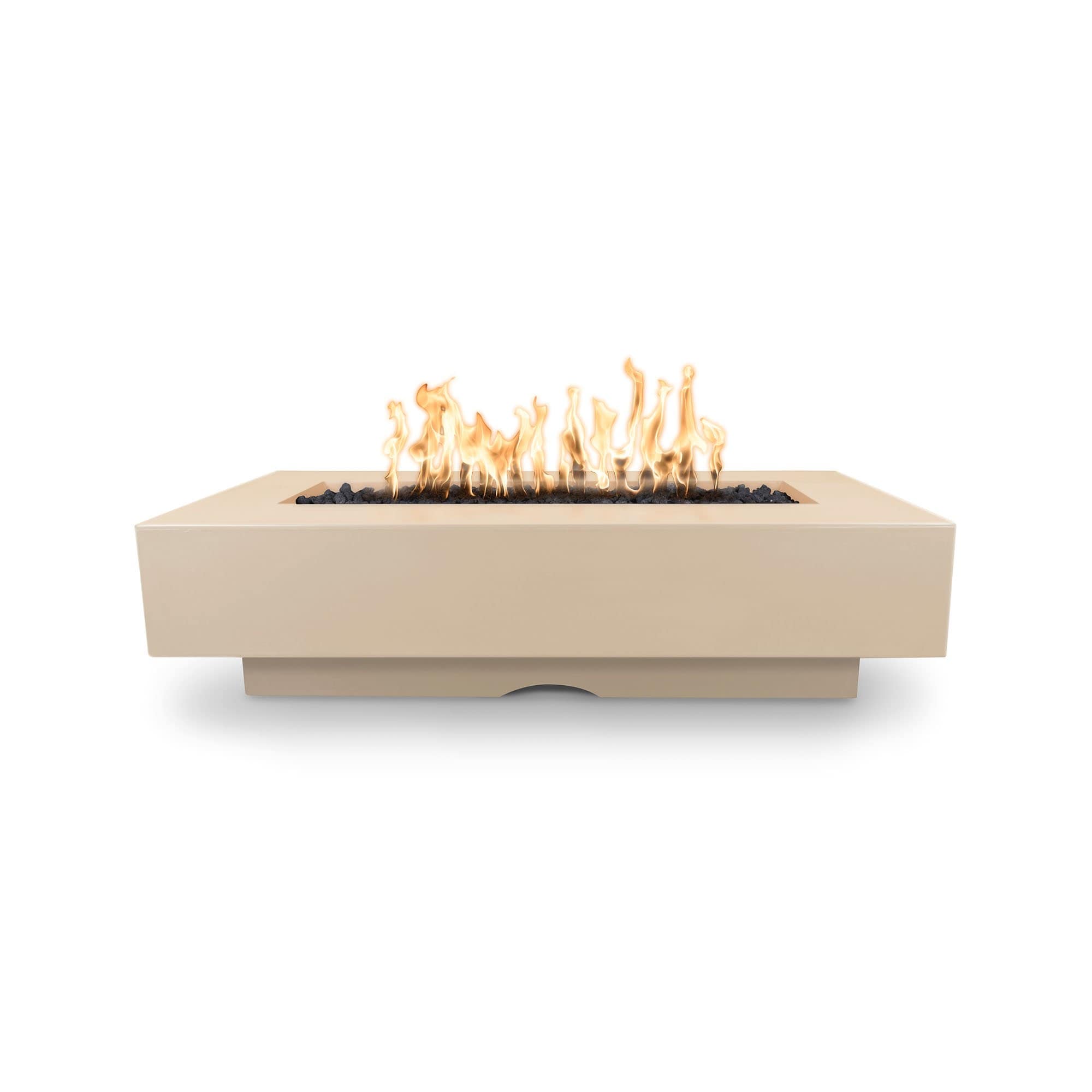 The Outdoor Plus Del Mar Concrete Fire Pit in Vanilla color with flame on a white background