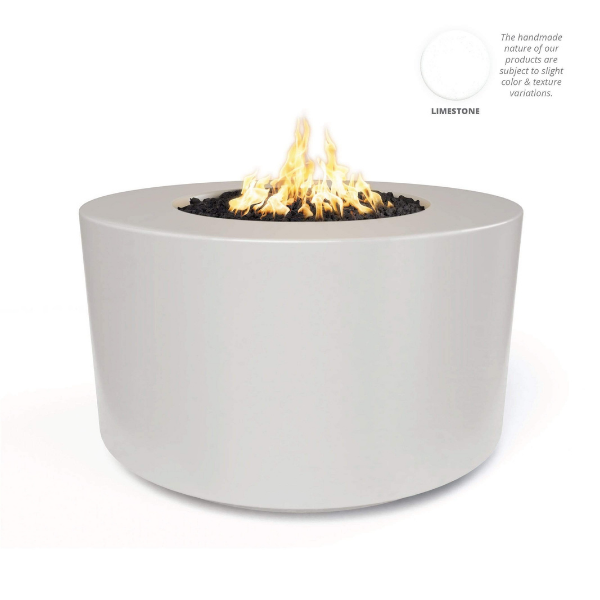 The Outdoor Plus Florence Fire Pit Limestone With Flame On A White Background