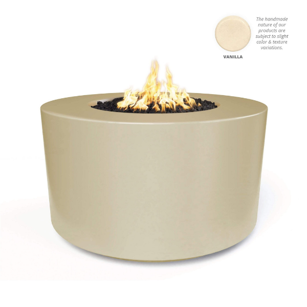 The Outdoor Plus Florence Fire Pit Vanilla With Flame On A White Background