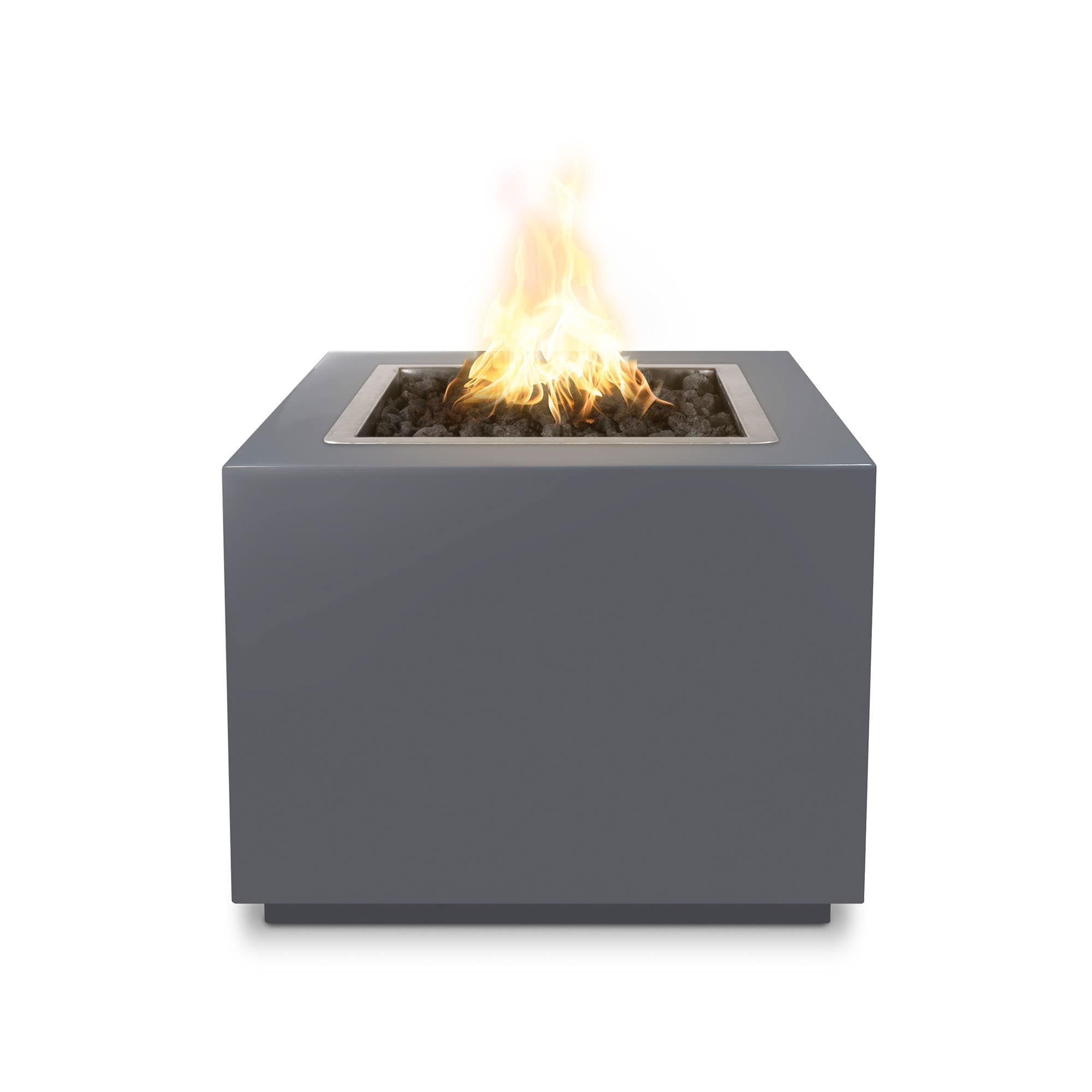The Outdoor Plus Forma Fire Pit in Gray powder coat with flame on a white background 