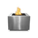 The Outdoor Plus Forma Fire Pit in Stainless steel with flame on a white background 