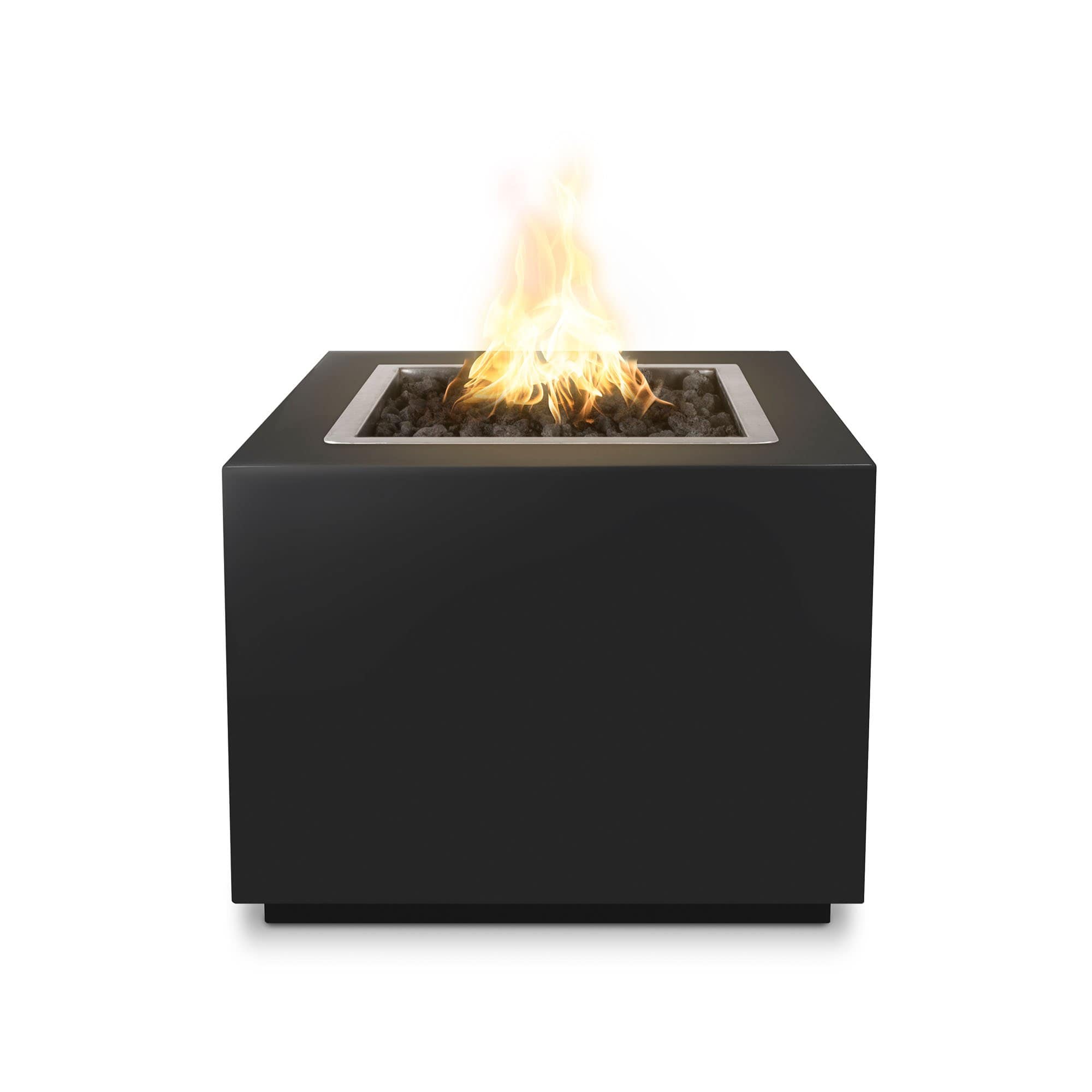 The Outdoor Plus Forma Fire Pit in black powder coat with flame on a white background 