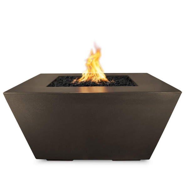     The Outdoor Plus Redan Fire Pit With Propane Tank Storage In Chocolate With Flame On A White Background