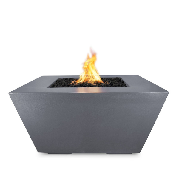     The Outdoor Plus Redan Fire Pit With Propane Tank Storage In Gray With Flame On A White Background