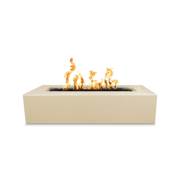 The Outdoor Plus Regal Concrete Fire Pit In Vanilla With Flame On A White Background