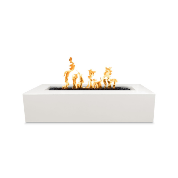 The Outdoor Plus Regal Concrete Fire Pit In White With Flame On A White Background