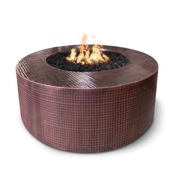 The Outdoor Plus Unity Metal Fire Pit In Hammered Copper With Flame On A White Background